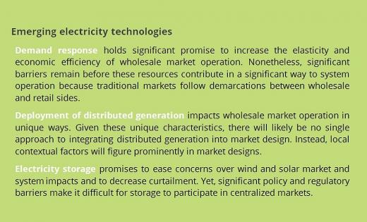 Emerging electricity technologies | Demand response holds significant promise to increase the elasticity and economic efficiency of wholesale market operation. | Source: National Renewable Energy Laboratory, Market Evolution: Wholesale Electricity Market Design for 21st Century Power Systems, Technical Report (2013). Online available at: http://www.nrel.gov/docs/fy14osti/57477.pdf