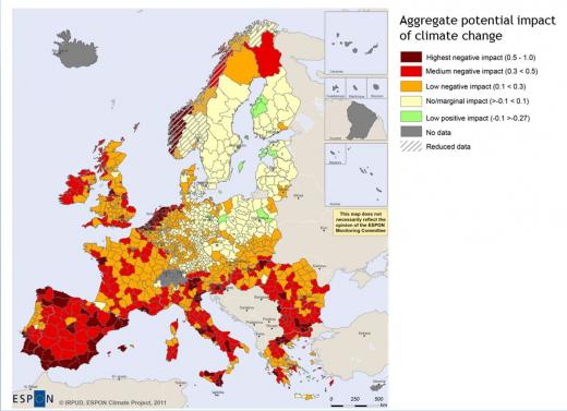 Highest negative impacts of climate change expected in the South of Europe and coastal regions | Map of the expected aggregate climate impacts of European regions | Figure 1. Aggregate potential impact of climate change on Europe’s regions. In this map, the potential physical, social, economic, environmental and cultural consequences of climate change on natural and human systems are aggregated | Source: ESPON. 